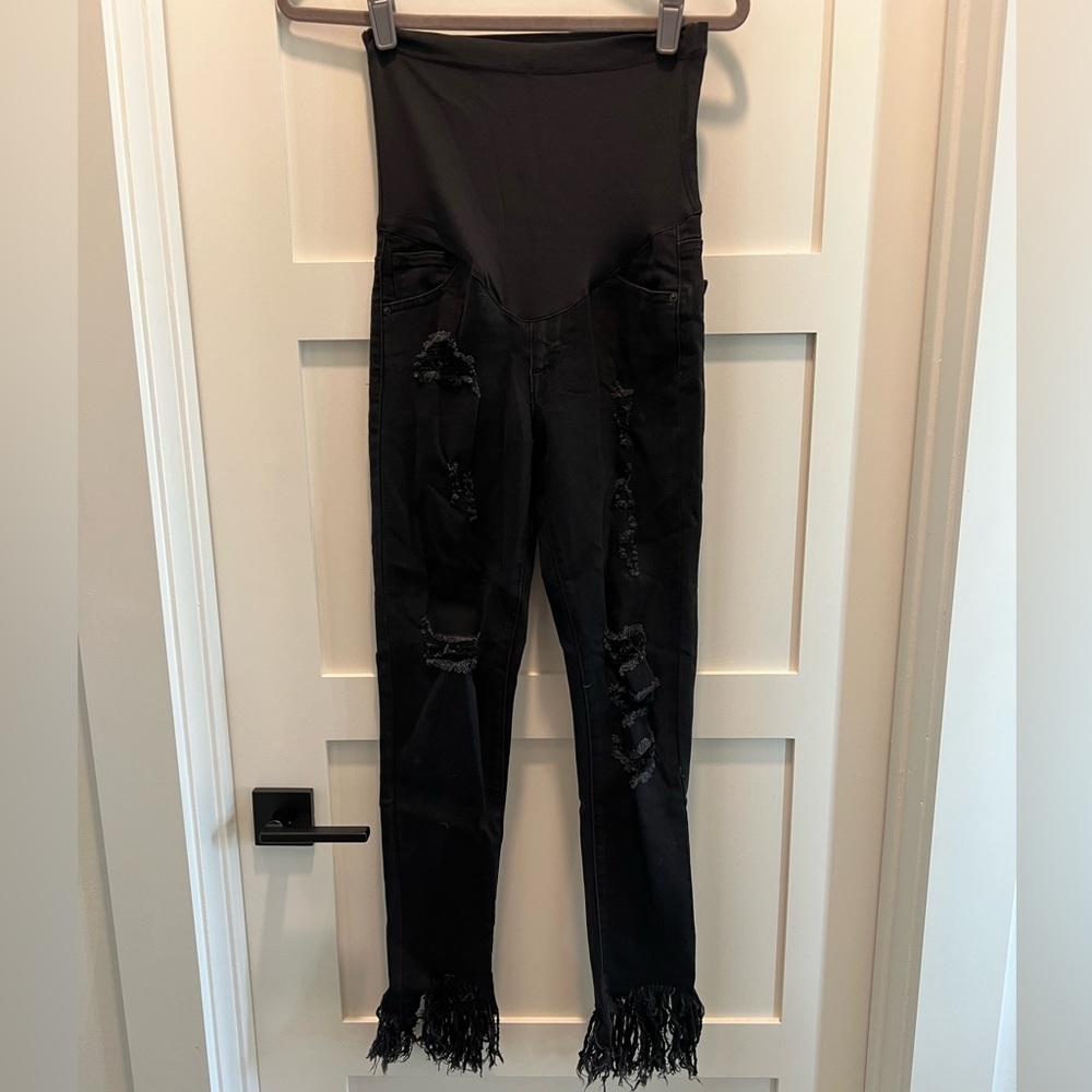 Black Distressed Raw Hem Maternity Skinny Jeans